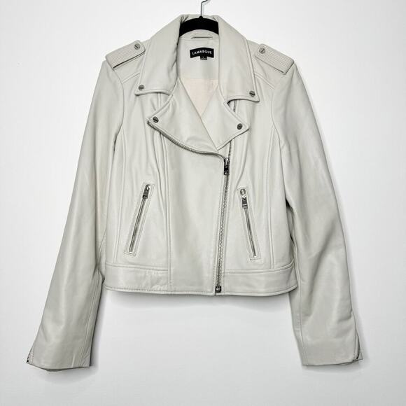 Lamarque Donna Biker Leather Jacket in Stone Grey Cream Size Large - Picture 2 of 13